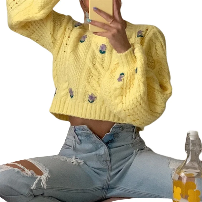 

2021 Ladies Autumn/Winter Long Sleeve Flower Print Sweater Women O-Neck Loose Fit Knitted Coat Female Costume For Dailywear