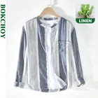 Полосатые льняные рубашки для мужчин из хлопка с пеньковой подкладкой, дышащие, удобные, повседневные, 2020, Осень-зима, новые GML03-1922