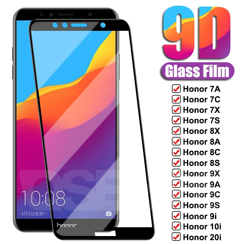 Закаленное защитное стекло 9D для Honor 9X Lite 9A 9C 9S 8X 8A 8C 8S 7A 7C 7X 7S 10i 20i |