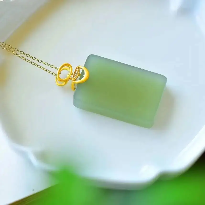 

S925 Pale Blue Hetian Jade Sterling Silver Necklace Tranquility and Peace Plate Long Board Jade Sweater Chain Pendant for