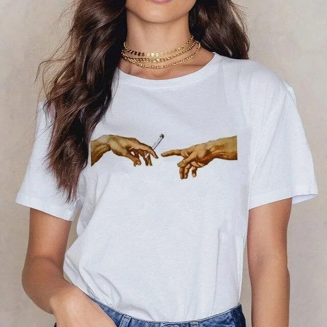 Women Michelangelo T Shirt Ulzzang Hands Femme Vintage Harajuku Tshirt 90s Aesthetic Female Grunge Graphic T-shirt Drop Ship | Женская