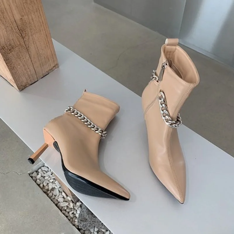 

2021 Fashion Metal Chain Women Ankle Boots Pointed Toe Zipper Ladies Elegant Thin High Heel Chelsea Boots Winter Pumps Shoe