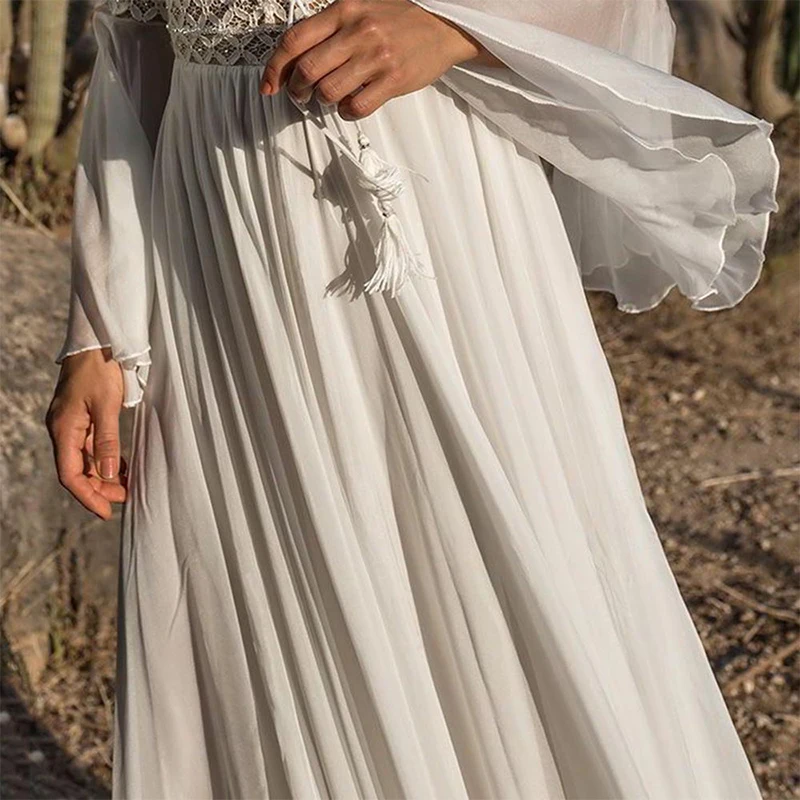 

Women Long Flare Sleeve V Neck White Hollow Boho Lace Maxi Dress Female Holiday Chic Summer