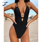 Сексуальный купальник с высоким вырезом, Женский цельный костюм, купальник со шнуровкой, открытая спина, купальный костюм, пляжная одежда, винтажный Монокини