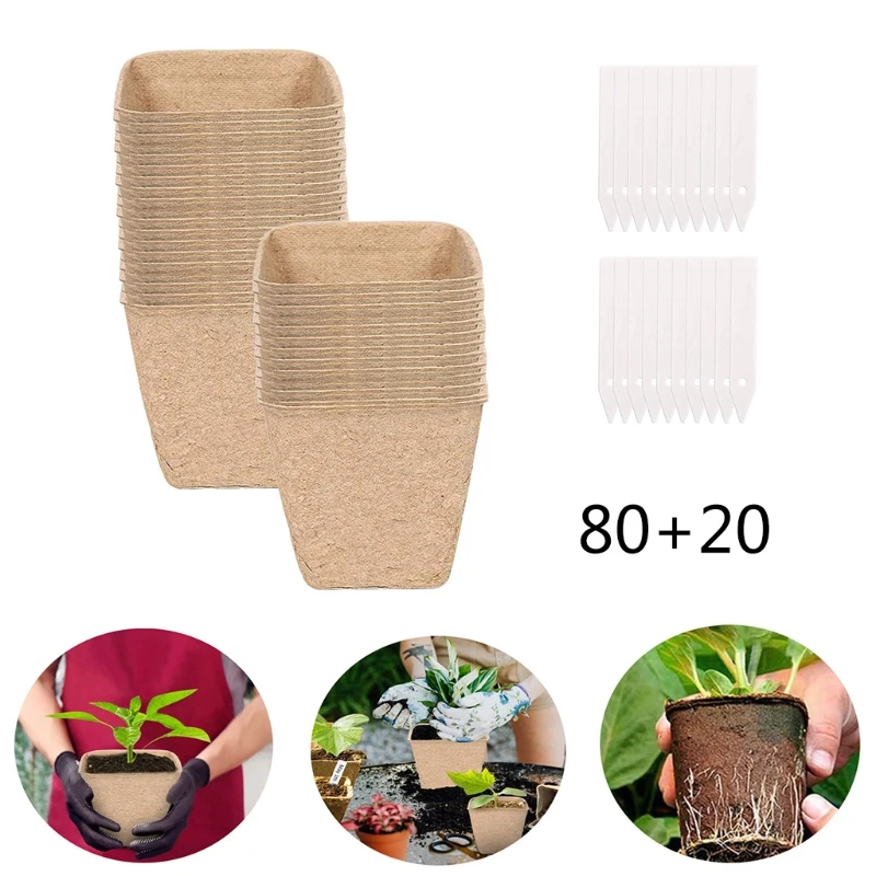 

100pcs Pulp Peat Pots Cups with 50pcs Plant Labels Markers Kit for Garden Seedling Tray