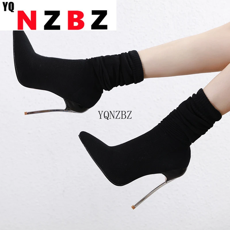 

YQNZBZ Fashion Knitting Stretch Fabric Sock Boots Pointy Toe Over-the-Knee Heel Thigh High Pointed Toe Woman Boot size 35-42