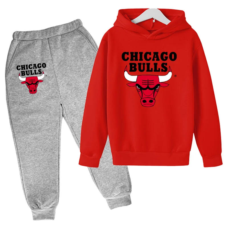 

New Basketball Team Hoodie Set, Children's Sportswear, Toddler Boys' Sportswear, Bull Print Hoodie and Pants 2-piece Set