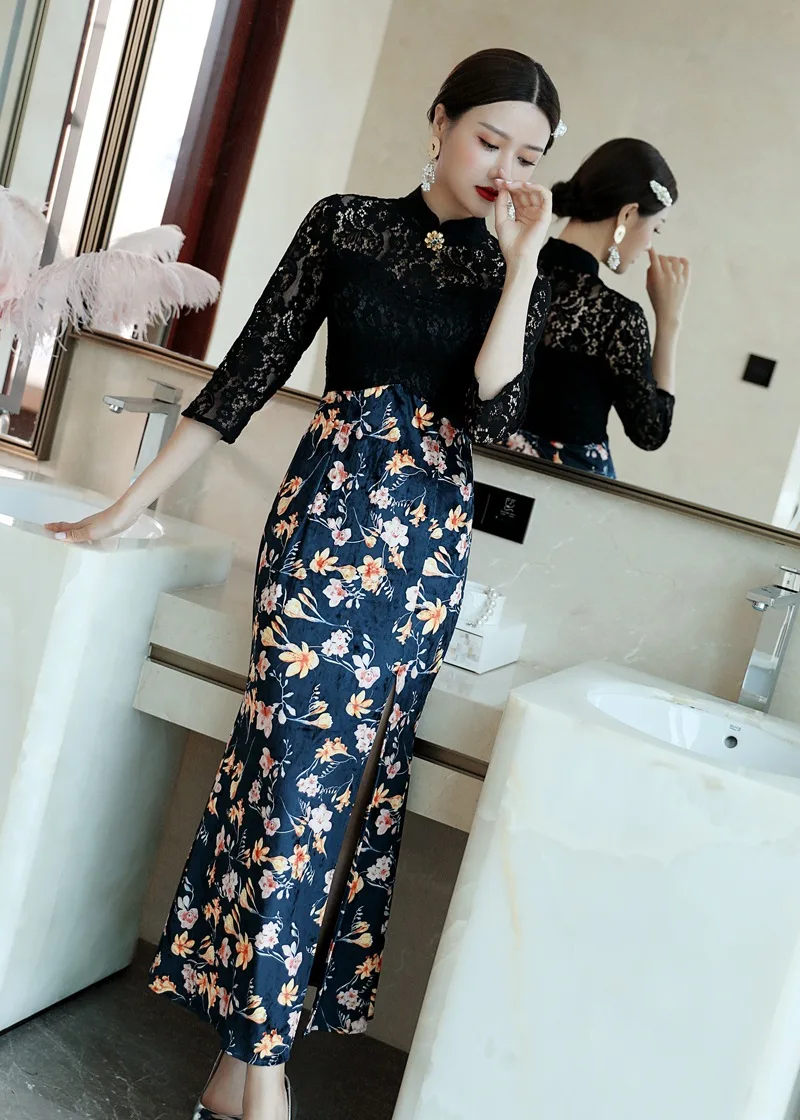 2019 Эксклюзивное Вечернее Ципао кружевное платье с высоким разрезом|cheongsam