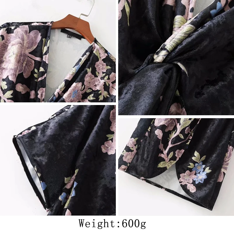 HStar 2020 new fashion vintage floral print dress V neck velvet short sleeve pencil split front black | Женская одежда