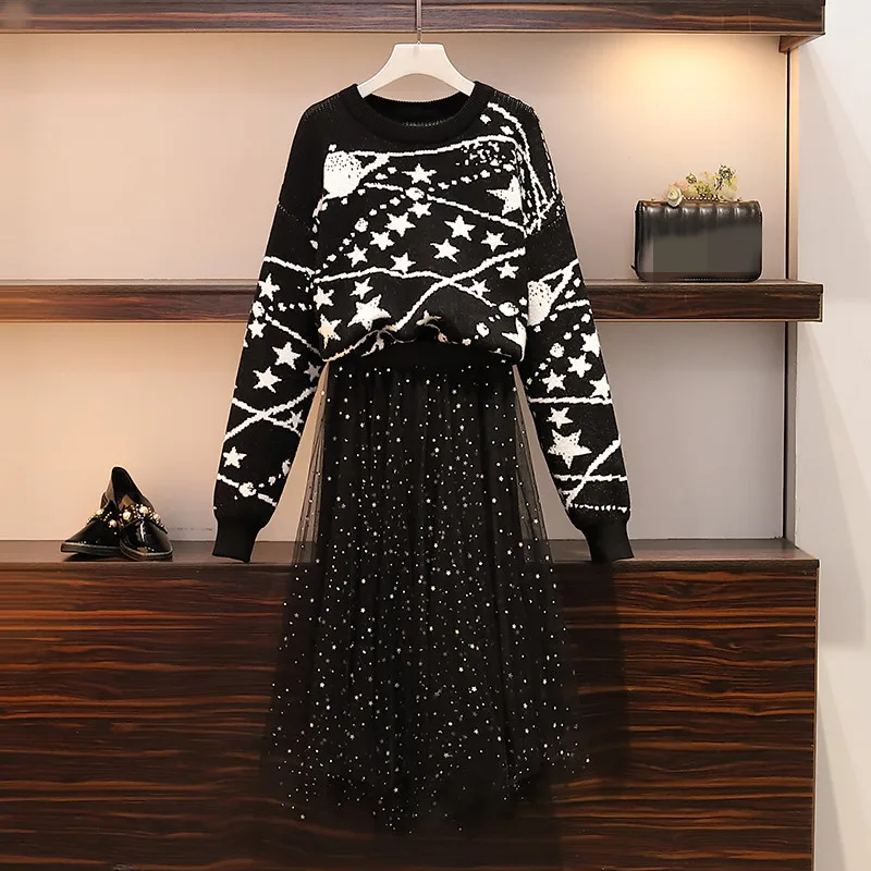 Плюс размер 4XL вязаный свитер сетчатый черный костюм комплект из 2 предметов