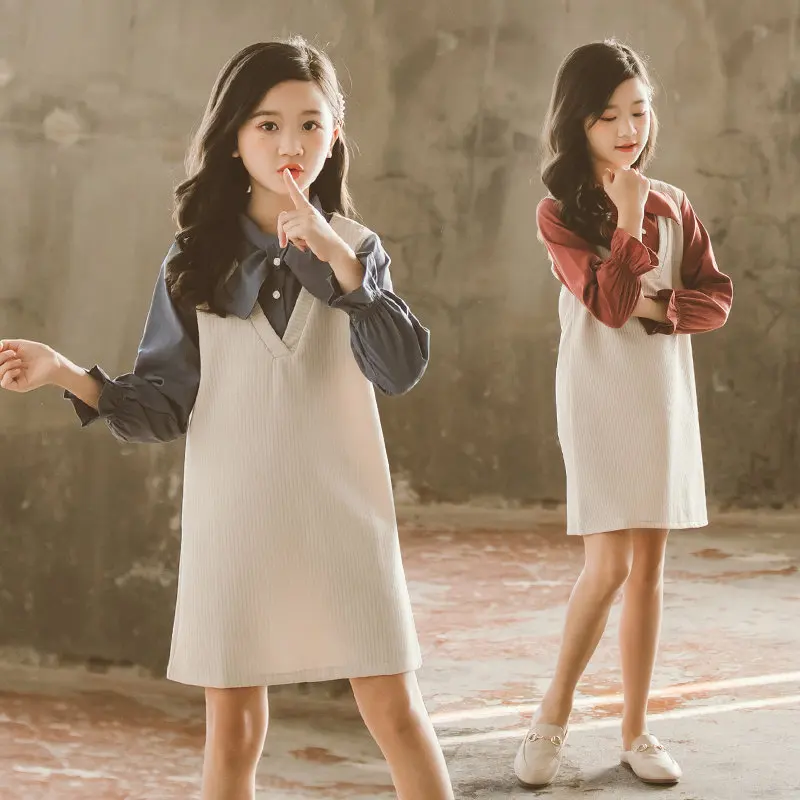 

Girls Dress Casual Fake Two Piece Girls Dress Spring Autumn Dress Children Long Sleeve Teenage Clothes For Girls 4 6 8 10 12 13Y