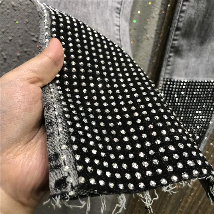 

2020 Spring New High-Waist Loose Color Block Hot Drilling Straight Cropped Wide-Leg Jeans Women's Denim Jean Trousers Pants