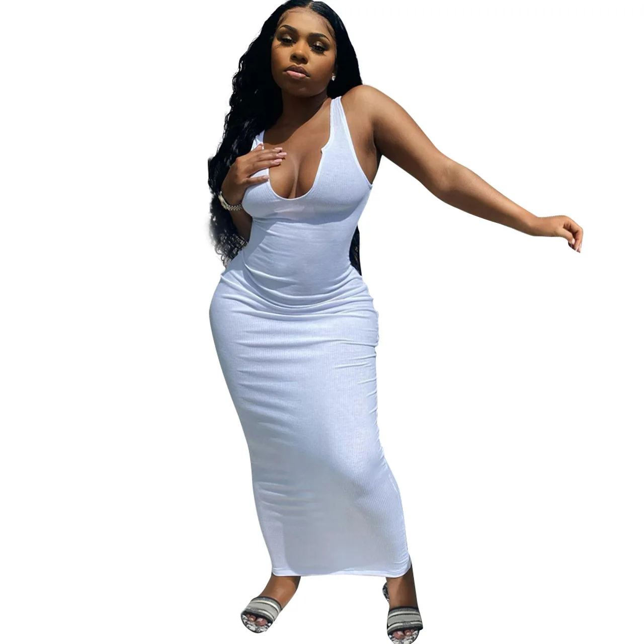 

2021 Women's Wear Women's Spring and Summer Suspender Vest Deep V-neck Slim Sexy Long Dress