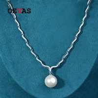 oevas 100 925 sterling silver 16mm pearl high carbon diamond 16 5 inch pendant necklace for women sparkling party fine jewelry