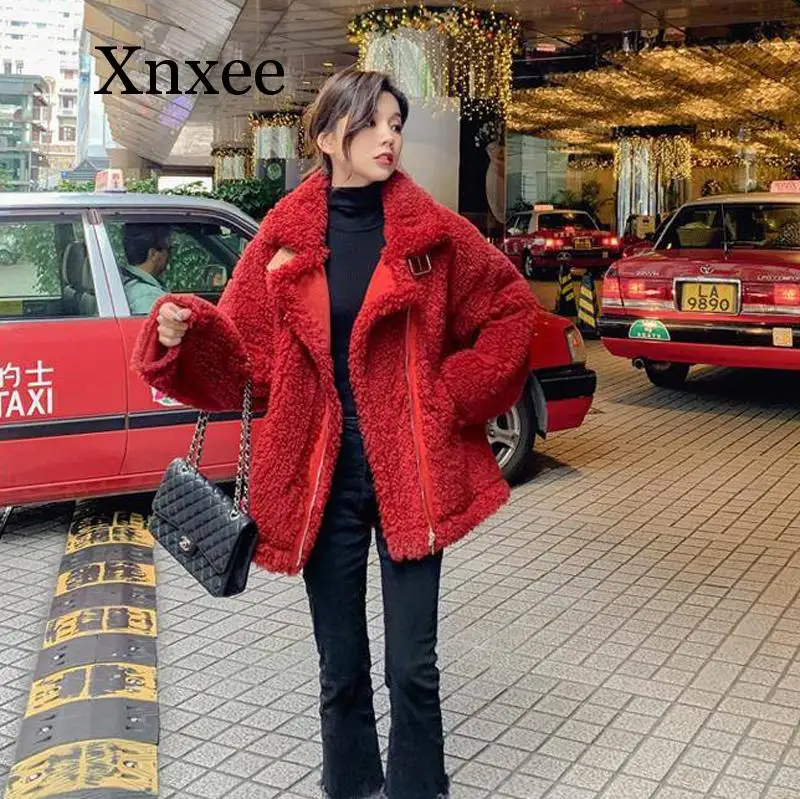 Women Winter Faux Fur Warm Coat Long Sleeve Female Thick Teddy Bear Coat Casual Loose Oversize Red Outwears faux fur coat zipper