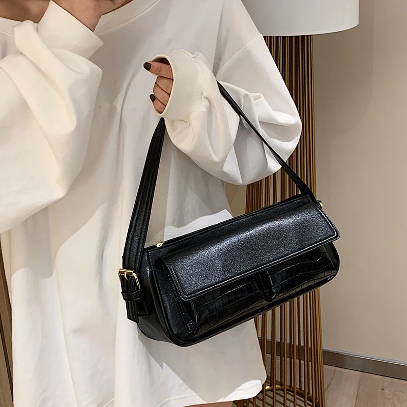 

Women Shoulder Bag Crocodile Pattern Double Pocket Underarm Bag Luxury Leather Handbag 2020 Fashion Baguette Shape Bags Bolsa