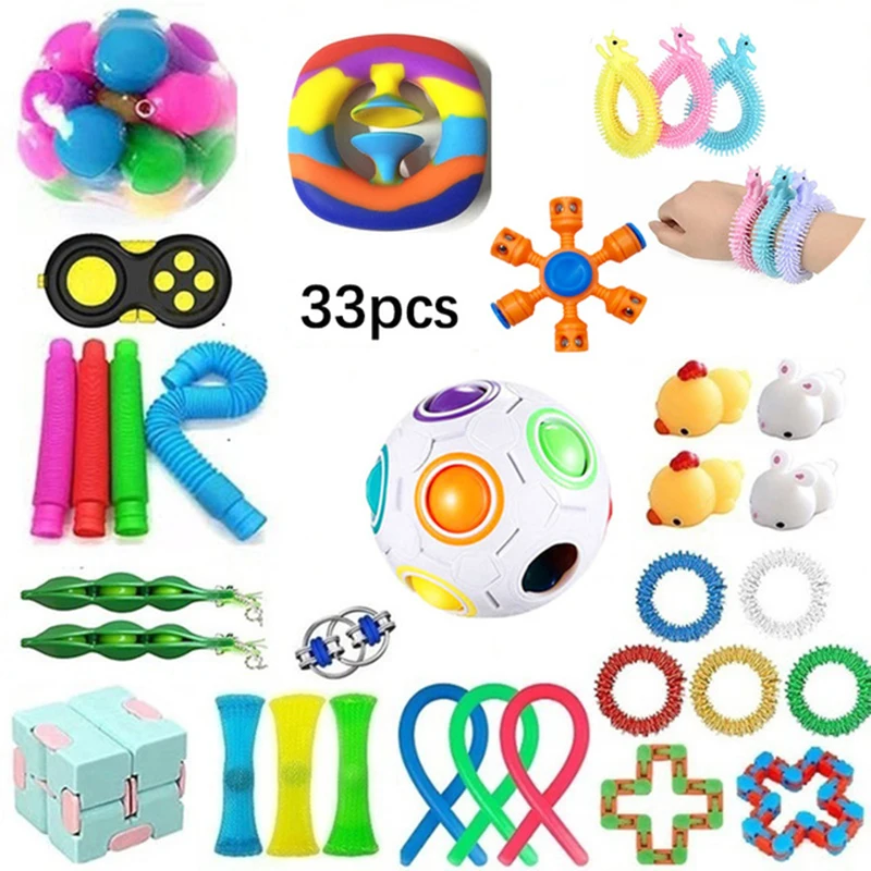 

33pcs Fidget Toy Set Anti Anixety Set for Children Unicone Stretchy Strings Squeeze Stress Ball Pop Tube Sensory Ring Toy Gift