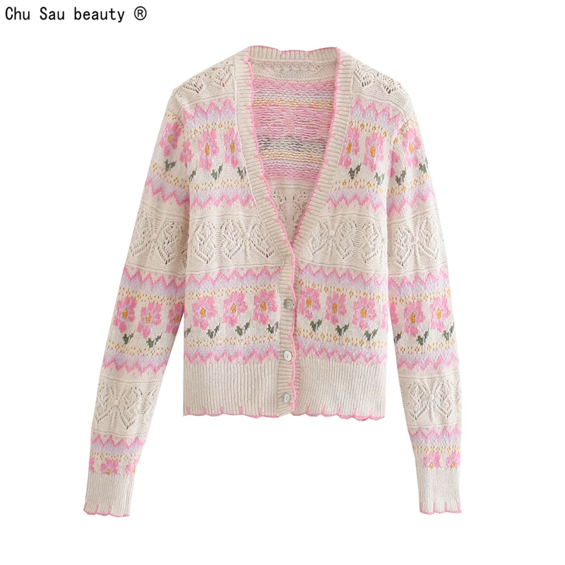 

Осенняя Милая винтажная жаккардовая вязаная куртка с цветочным принтом, Женский хлопковый Свободный кардиган с V-образным вырезом, модный с...