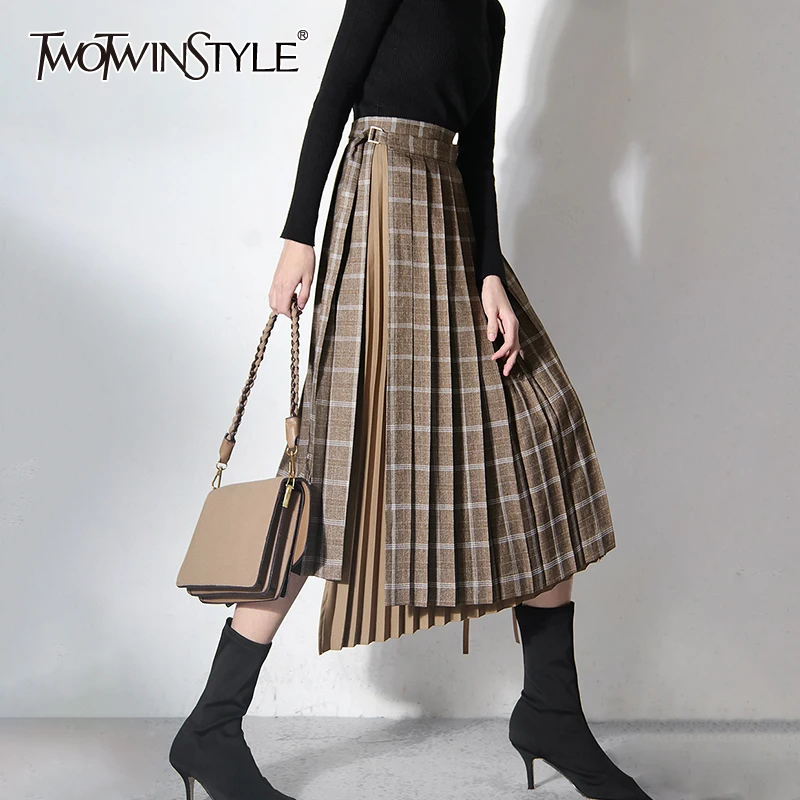 

TWOTWINSTYLE Print Plaid Pleated Skirt For Women High Waist Side Split Vintage Midi Skirts Female Fashion New Clothing Style