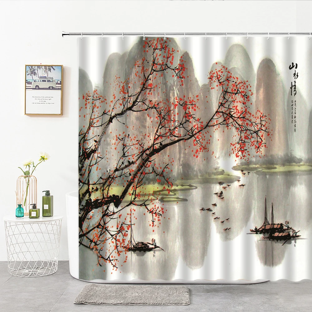 

Shower Curtains Modern Chinese Landscape Shower Curtain Guilin Landscapes Printing Bathroom Curtain Polyester Fabric Home Deco