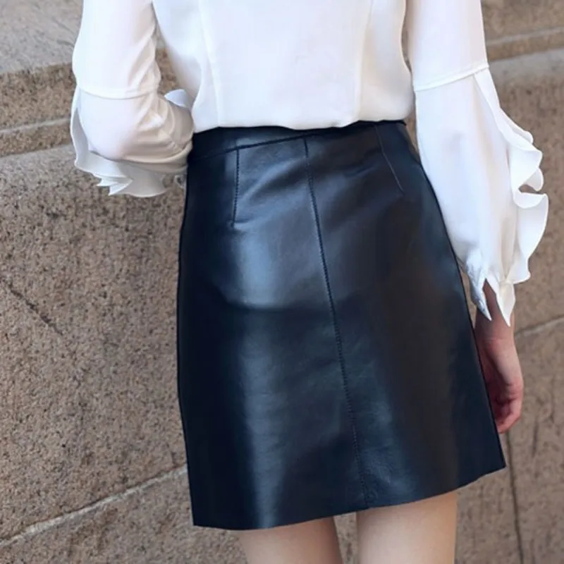 High Quality Woman Skirts Natural Leather Female Waist Fashion Double Breasted A Line Slim Fit Saia Feminina | Женская одежда