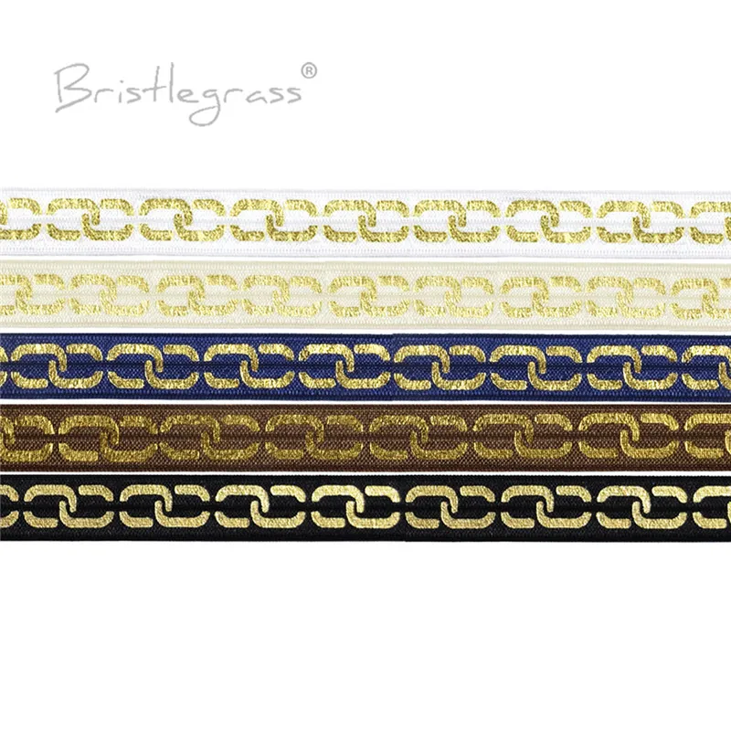 

BRISTLEGRASS 5 Yard 5/8" 15mm Chain Gold Foil Print FOE Fold Over Elastics Spandex Band Hair Tie Headband Tutu Dress Sewing Trim