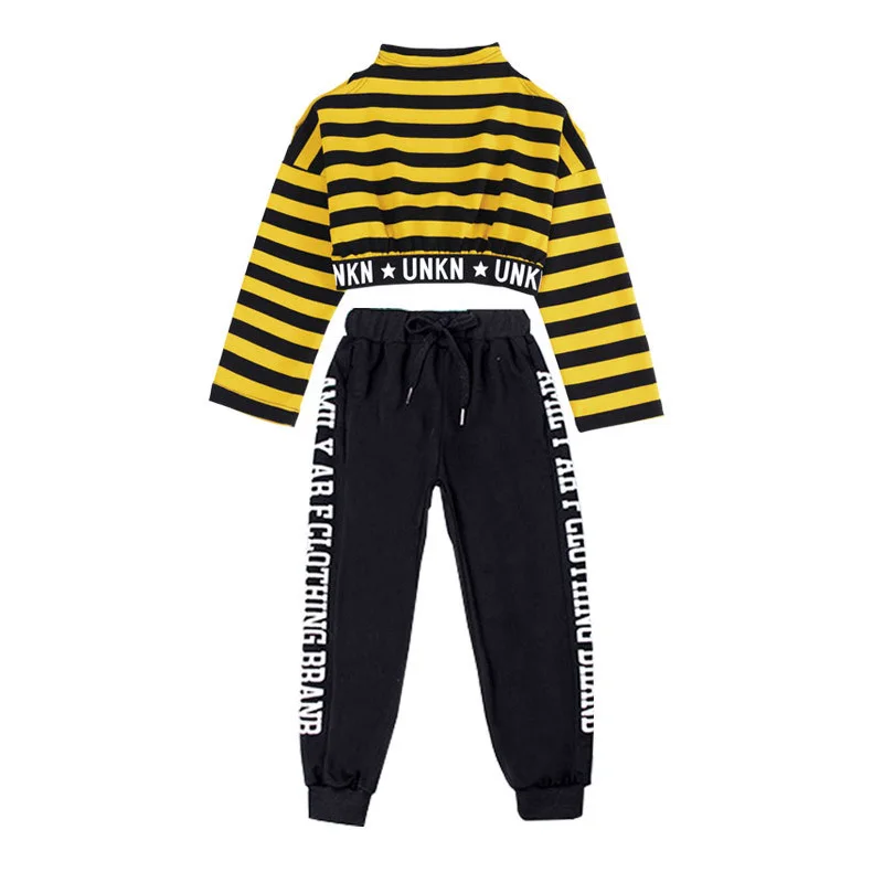 

Kid Hip Hop Clothing Striped Sweatshirt Crop Top Long Sleeve Shirt Jogger Pants for Girls Jazz Dance Costume Clothes Street wear