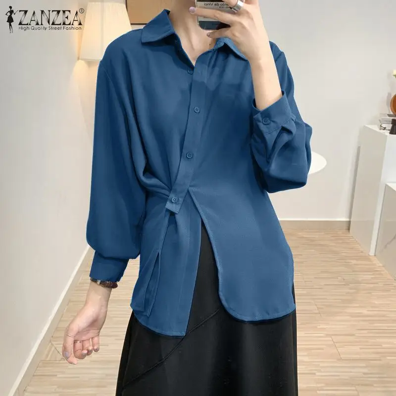 

Casual Long Sleeve Solid Shirt ZANZEA Fashion Women Irregualr Hem Office Work Blouse Spring Lapel Neck Buttons Tops Tunic Blusas