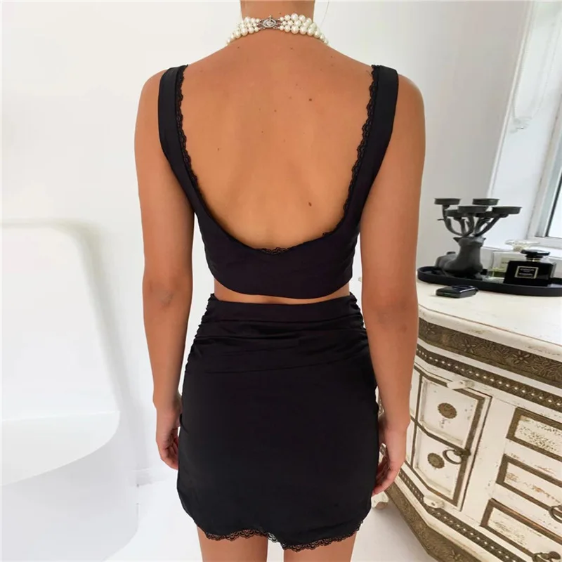 

Summer Lace Two Piece Set Women 2021 Sexy Low-Neck Halter Bodysuit Elegant Crop Top+Side Leakage Skirt With Casual Streetwear