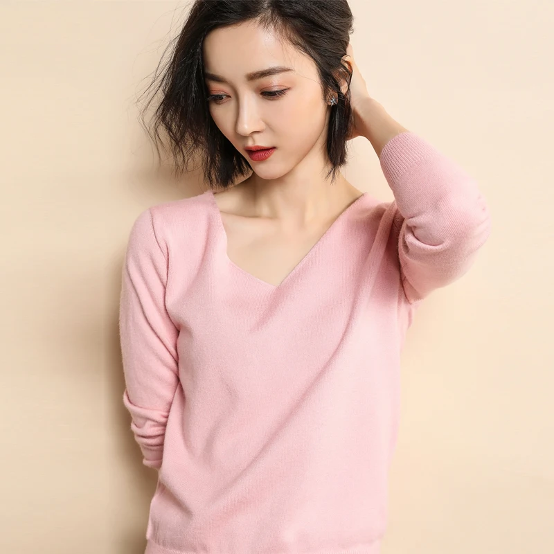

2022 new fashion women's pullover ladies V-neck cashmere wool knit solid color loose large size sweater
