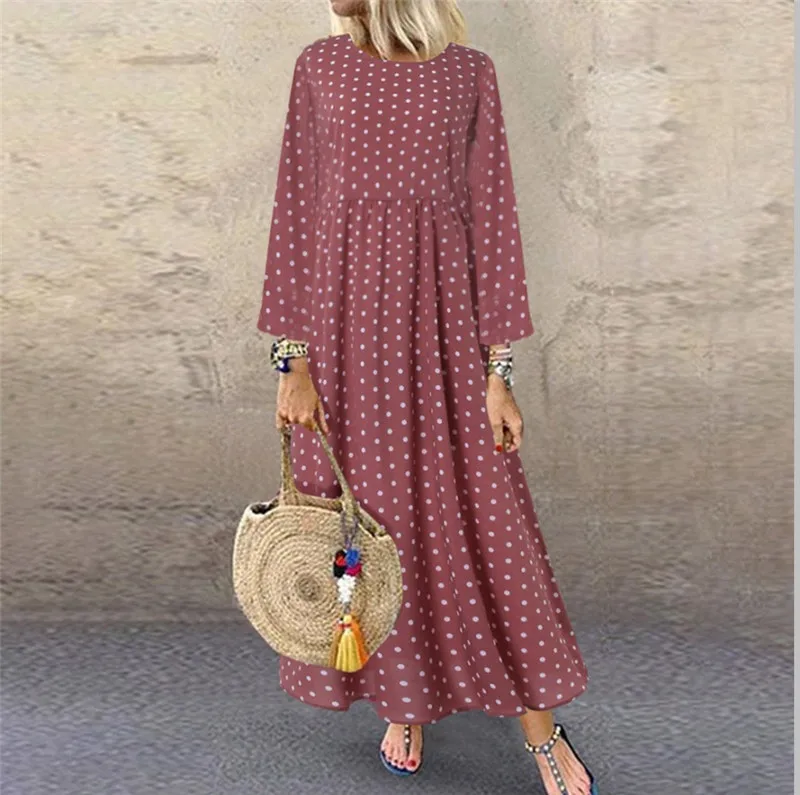 YELITE осеннее Женское Платье макси с принтом в горошек Плиссированное длинным