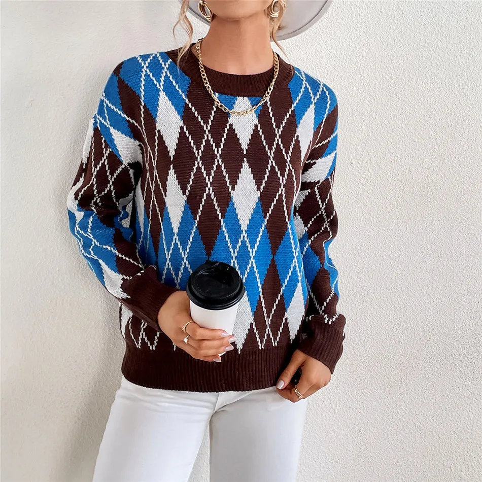 

Свитер, жилет, Женский клетчатый вязаный укороченный свитер, повседневные осенние винтажные вязаные пуловеры, топы для повседневного ношен...