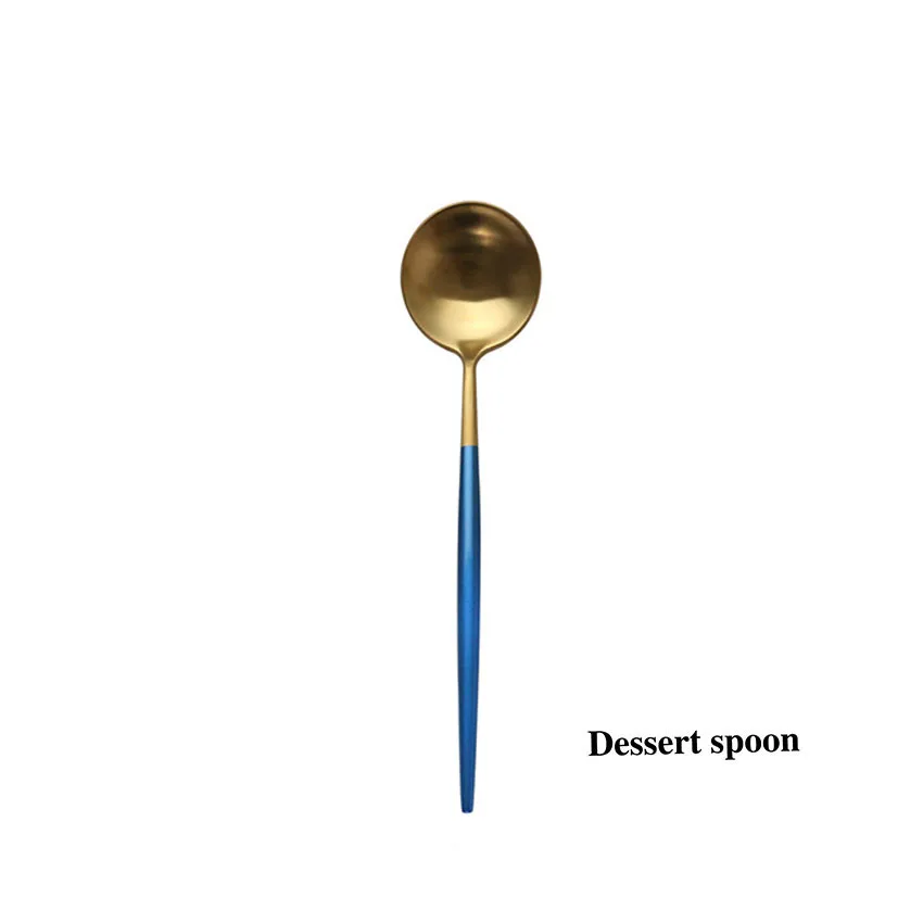 Dessert Spoon 1 комплект посуды 304 из нержавеющей стали Синие золотые столовые приборы набор ножей для торта салат вилка набор столовые приборы Посуда Прямая - Цвет: Dessert Spoon