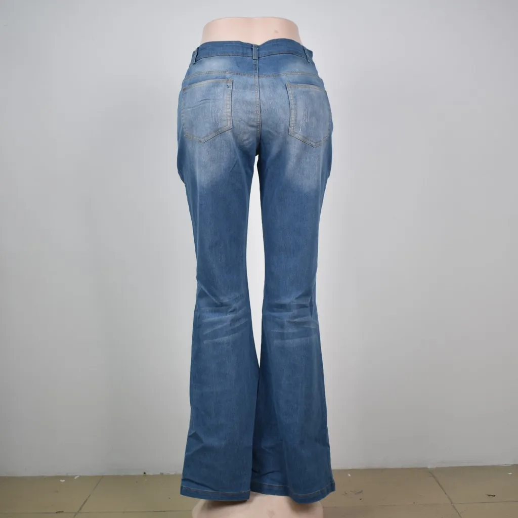 

Nice Autumn Women Mid Waisted Denim Jeans Pocket Stretch Button Bell-Bottom Pants Jeans OL Style Loose Fashion Workwear Casual S