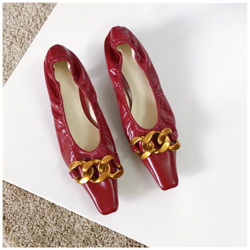 

2021 Spring Fashion Brand Design Metal Chain Pumps Square Toe Low Heels Slip On Female Work Shoes Elastic Spring Chaussure Mejur