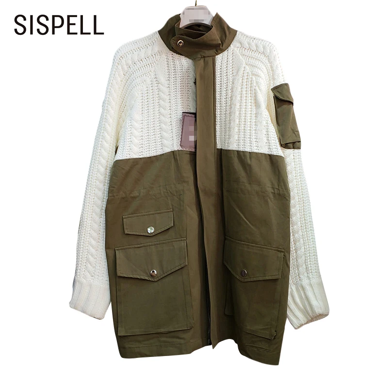 

SISPELL Patchwork Sweater Coats For Female Stand Collar Long Sleeve High Waist Loose Women's Casual Coat New Fashion 2021