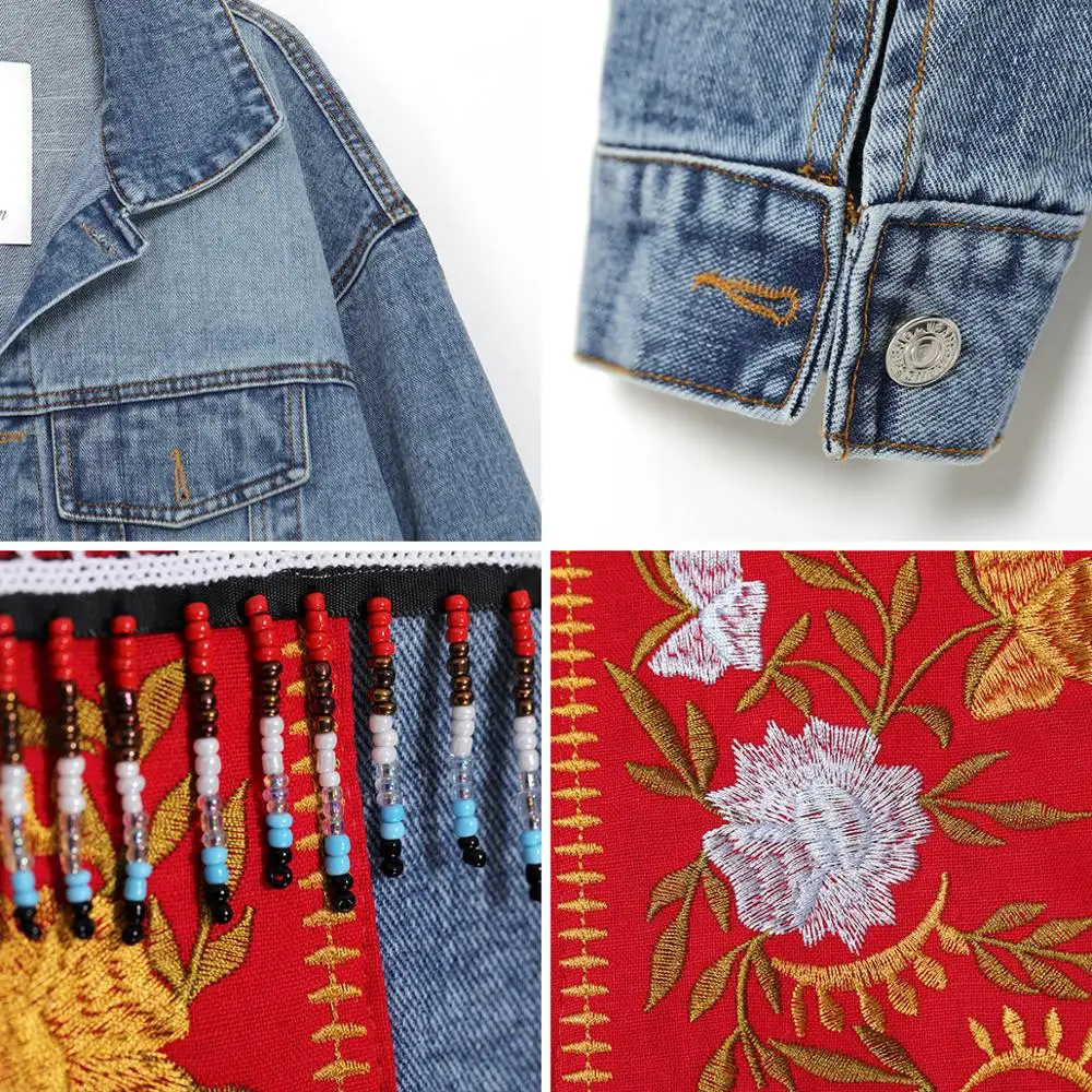 

Jastie Hippie Chic Beaded Tassel Boho Denim Jacket Floral Embroidered Women Jackets Autumn Winter Oversized Casual Outerwear Top