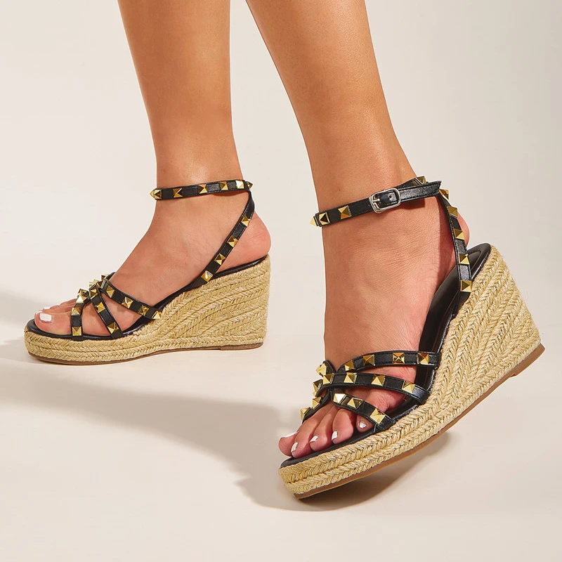 

Wedge Women's Sandals 2021 Thick High Heels Sexy Belt Buckle Sandals Open Toe Roman Cane Woven Women Shoes Hollow Rivet Casual