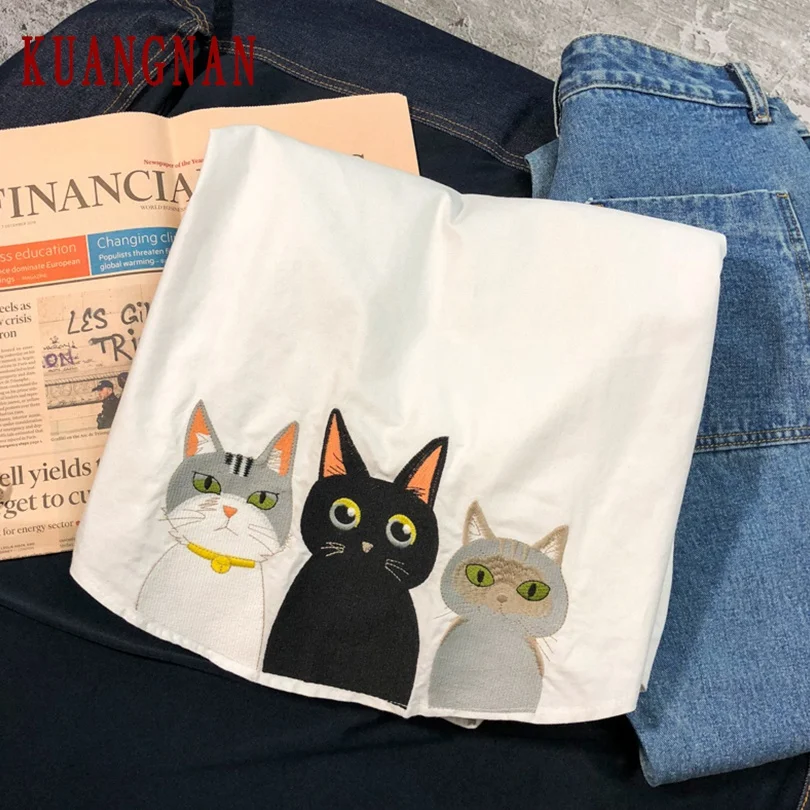 KUANGNAN Cat Вышивка белая рубашка мужские модные рубашки с длинным рукавом