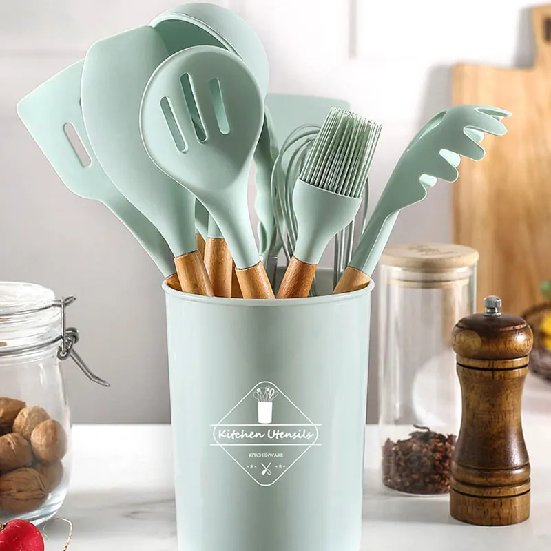

Silicone Cooking Utensils Set Non-Stick Spatula Shovel 11 Pcs Kitchen Accessories Wooden Handle Kitchenware with Storage Box New