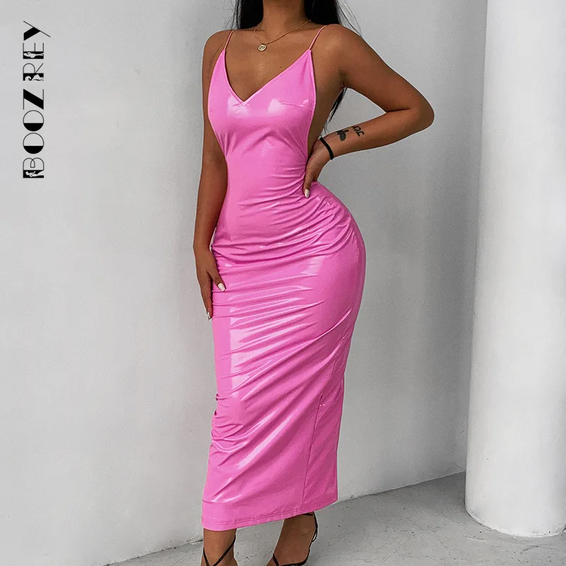 

BoozRey Pink PU Leather Bodycon Dress Sling Open Back Sexy Deep V Sleeveless Elegant Long Skirt Slim Club Party Dress for Women
