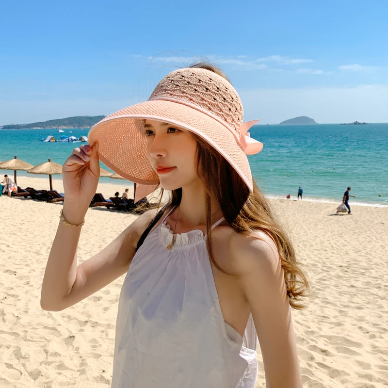

2021Summer New Women's Sun Hat Bucket Cap Fashion Bowknot Hollow Breathable Empty Top Straw Hat Panama Soft Foldable Beach Caps