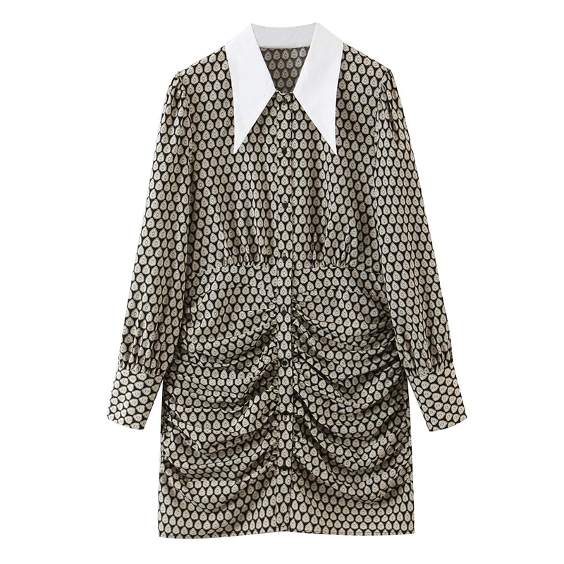 

2021 Women fashion Design Dress Fashion Classic lapel Trendy Silk Polka Dot Print Long sleeve Ruched Slim Mini Dress