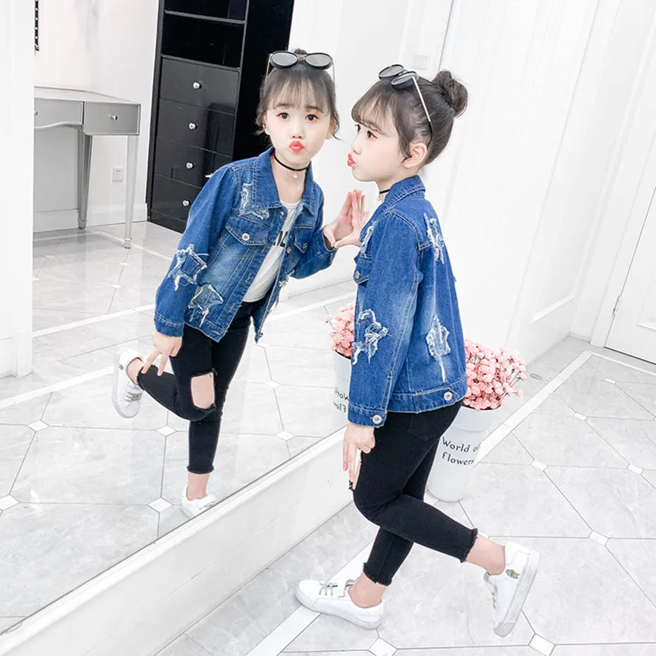 Джинсовая куртка для девочек со звездами верхняя одежда пальто рваная Верхняя