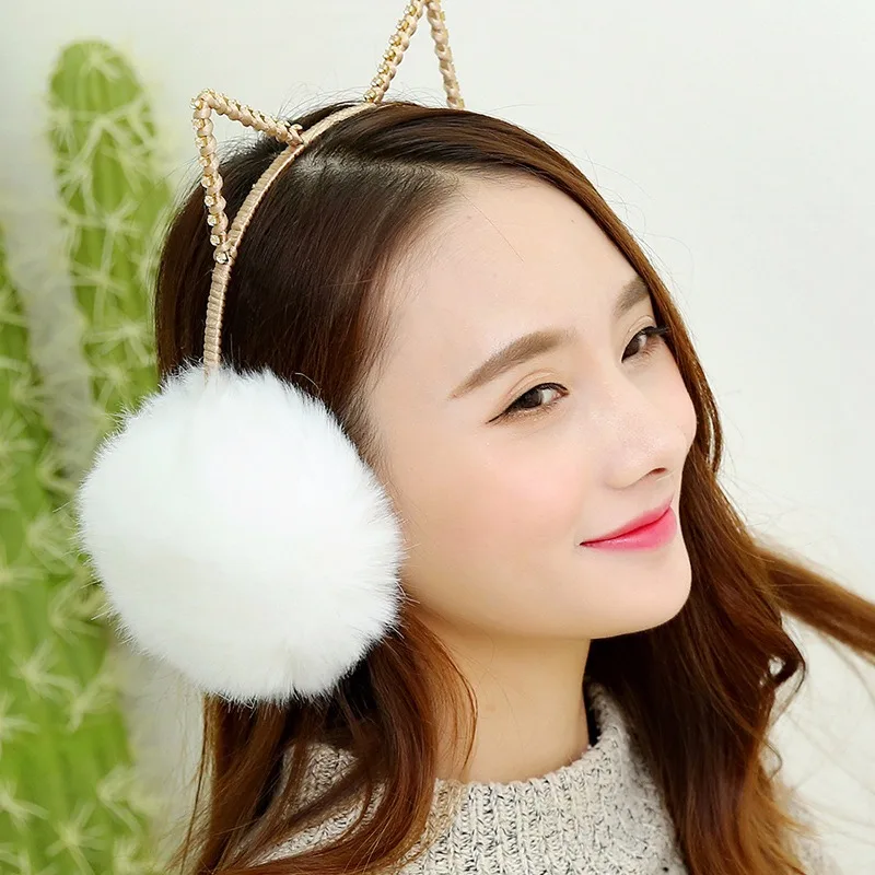 

New Lovely Winter Warm Cat Ear Warmers Rhinestone Cat Ear Earmuffs For Women Playful Girls Ear Muffs Cold Protection Warm Hot