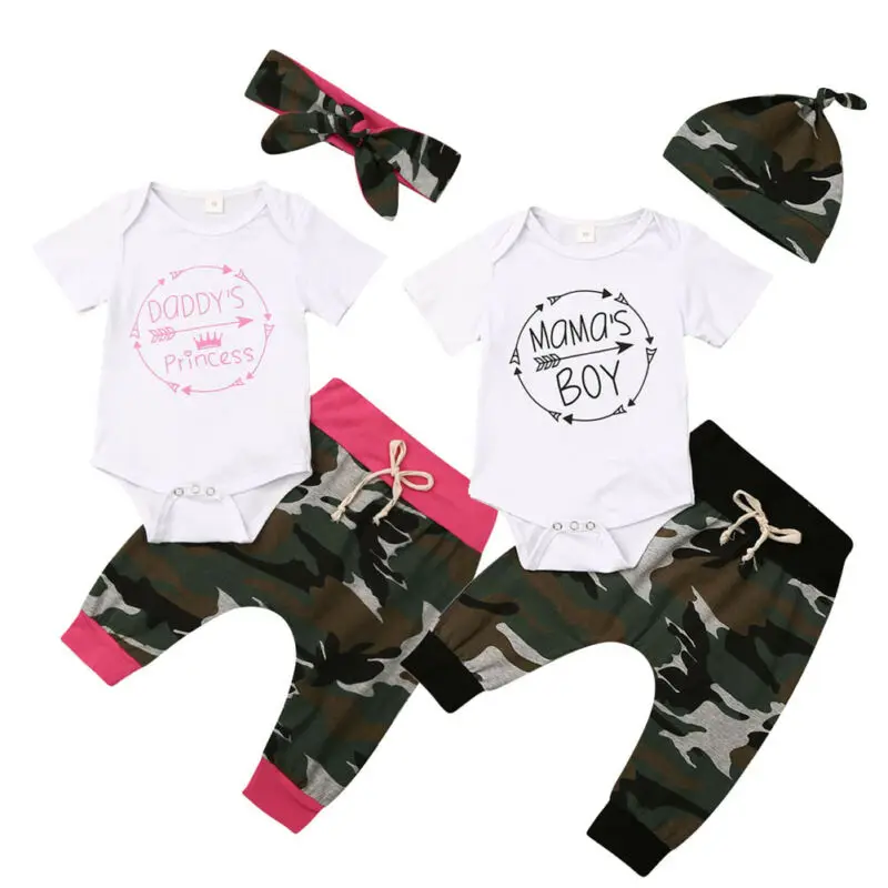 

0-18M Kids Baby Boys Girls Clothes Set for Newborn Infant Cotton Outfit Short Sleeve Bodysuit+Camo Pants+Headband Toddler Set