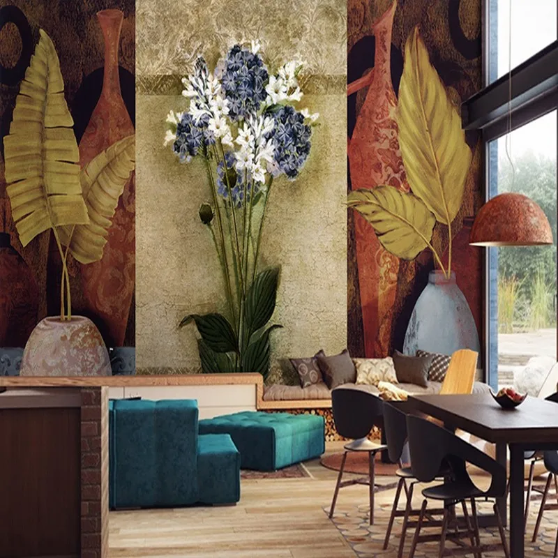 

Drop Shipping Photo Wallpaper Southeast Asian Retro Hand Painted Wallpaper Mural Painting Blue Flower Wallpaper Entrance