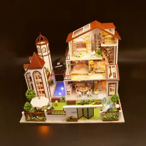 No Dust cover Большой размер вилла Diy Кукольный дом Каса Diy Миниатюрный Кукольный домик с мебели игрушки для детей подарок на день рождения - Цвет: No Dust cover