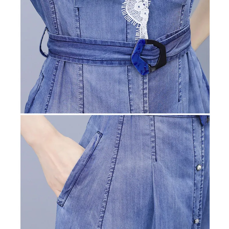 

2021 Summer Women's Lace Trim V-Neck Tencel Cowboy Midi Shirt Dress Female Short Sleeve Mid-Long Denim Vestidos With Belt T157