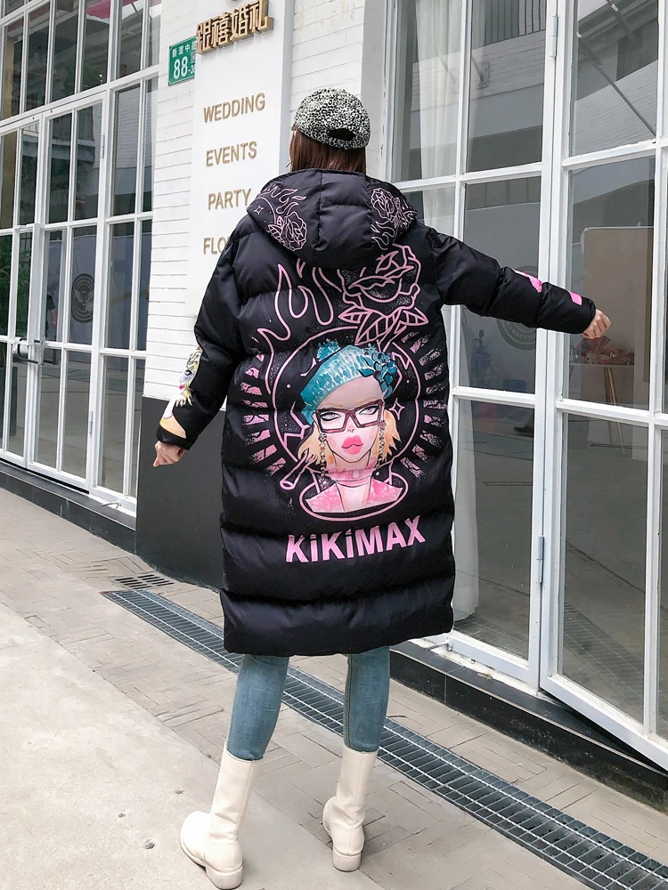 QING MO черные белые розовые женские парки с капюшоном женские красивые куртки с напечатанным рисунком зимнее плотное теплое хлопковое Стеганое пальто ZQY2355